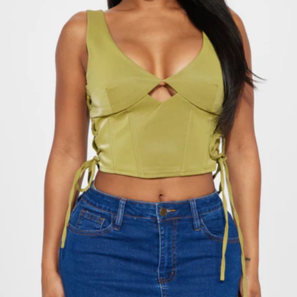 Maebri Faux Leather Corset Top - Chartreuse LARGE
